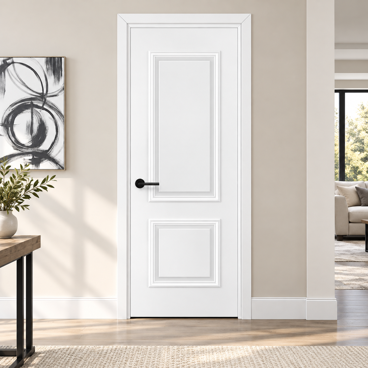 ID-1000 white raised panel interior door, square bright room scene