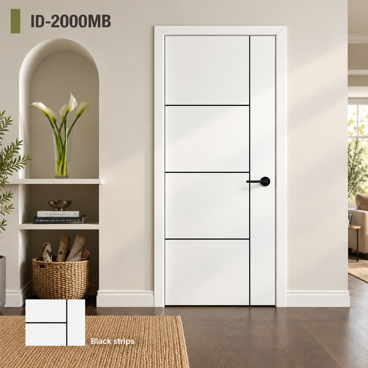 ID-2000MB white single interior door with matte black decorative strips